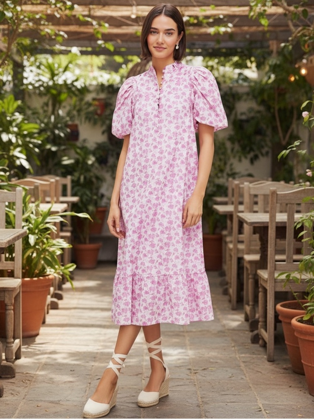 Large Hyacinth House Pink and White Floral Mimi Midi Dress